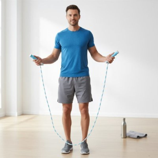 homme grand fait corde a sauter bleue