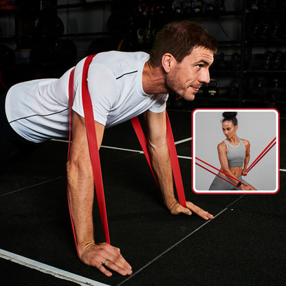 homme fait exercice elastique musculation bras epaule dos abdominaux