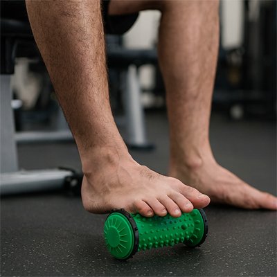 rouleau de massage vert homme sous le pied